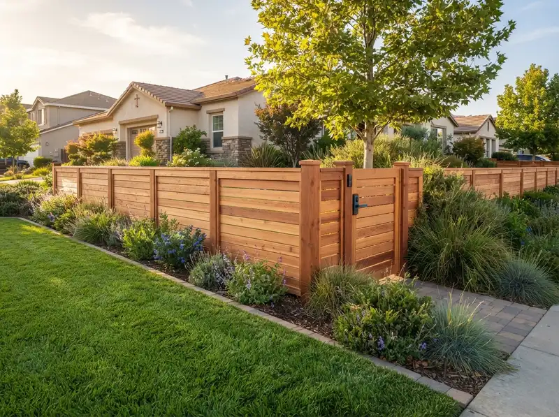 New wooden fence and lush landscaping New wooden fence and lush landscaping