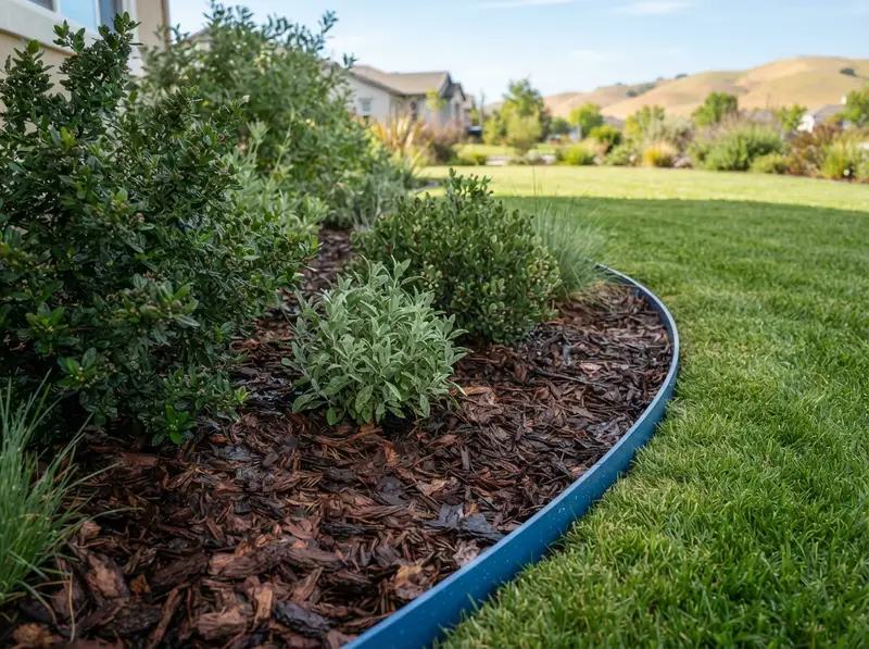 Mulched garden bed with weed prevention Mulched garden bed with weed prevention
