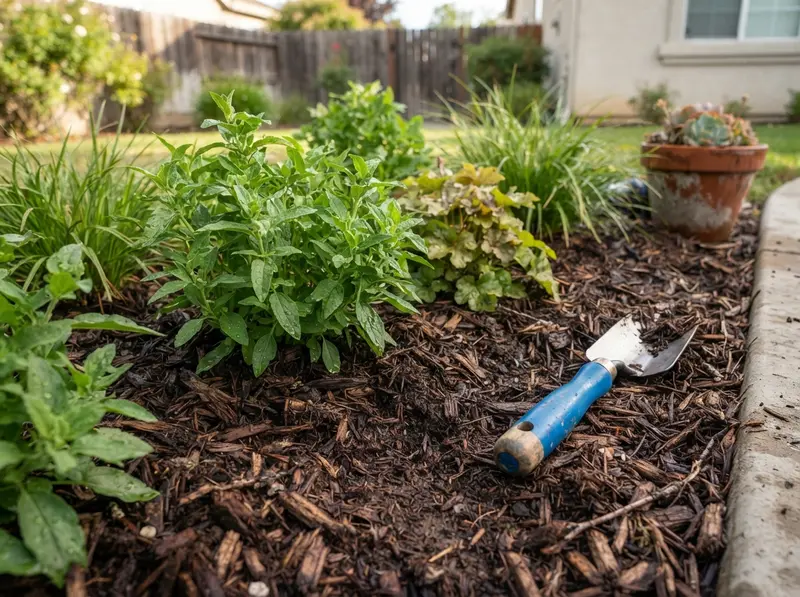 Fresh organic mulch in a garden bed Fresh organic mulch in a garden bed