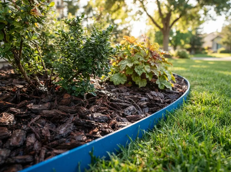 Fresh mulch applied to garden bed Fresh mulch applied to garden bed