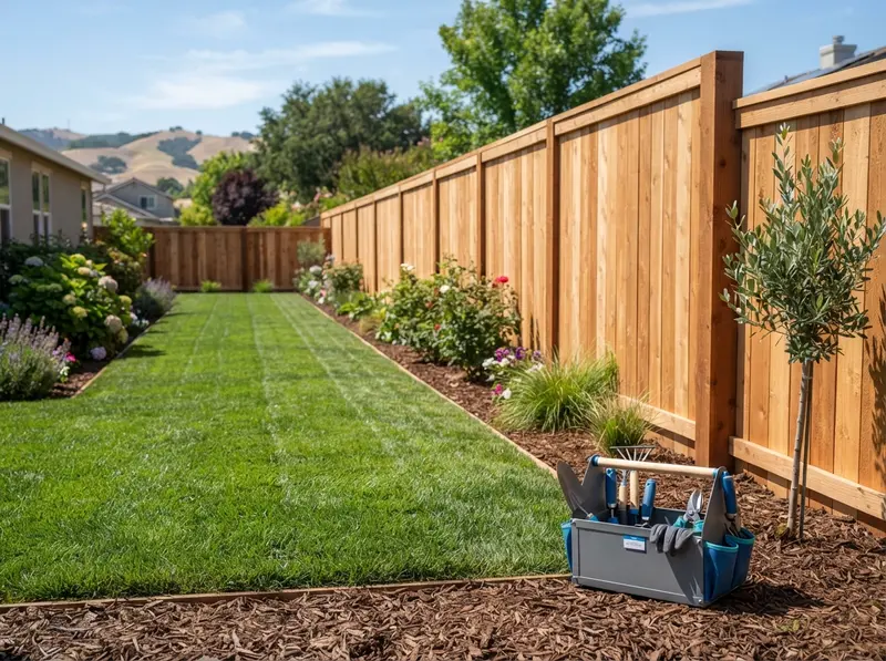 New wooden privacy fence and green lawn New wooden privacy fence and green lawn